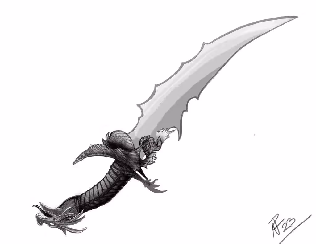 Black and gray fantasy sword with a dragon-shaped hilt and a jagged, leaf-like blade.