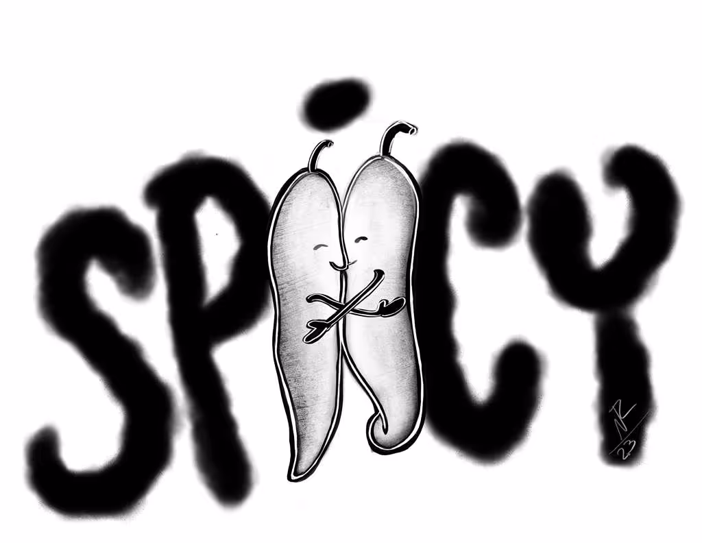 Illustration of two chili peppers hugging each other in front of the word 'SPICY' in bold letters.
