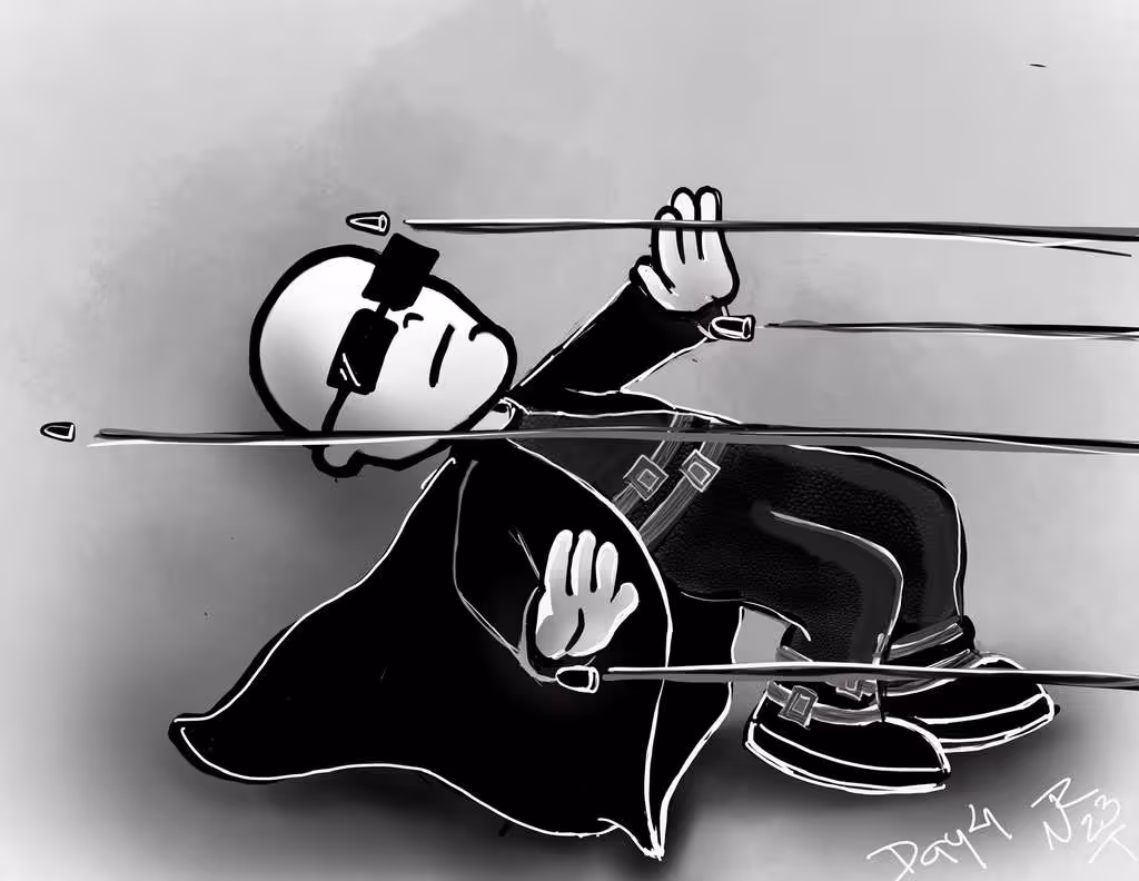 Cartoon character wearing black sunglasses and a long coat dodging multiple bullets in mid-air.