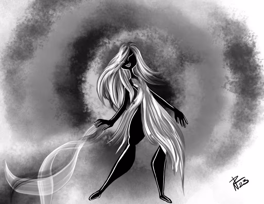 Artistic black silhouette of a woman with flowing white hair and dress standing against a swirling gray and black smoky background.