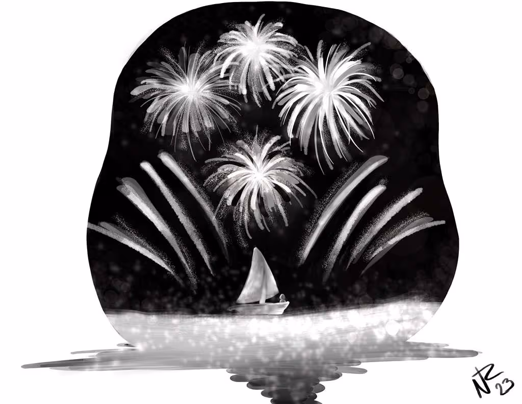 Black and white illustration of a small sailboat on water with large fireworks exploding in the night sky above.