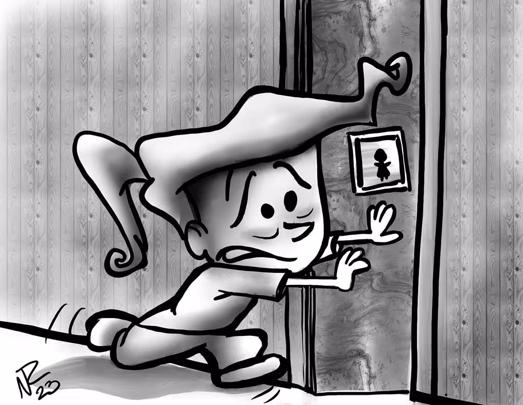 Cartoon character nervously peeking around a door marked with a female restroom sign.