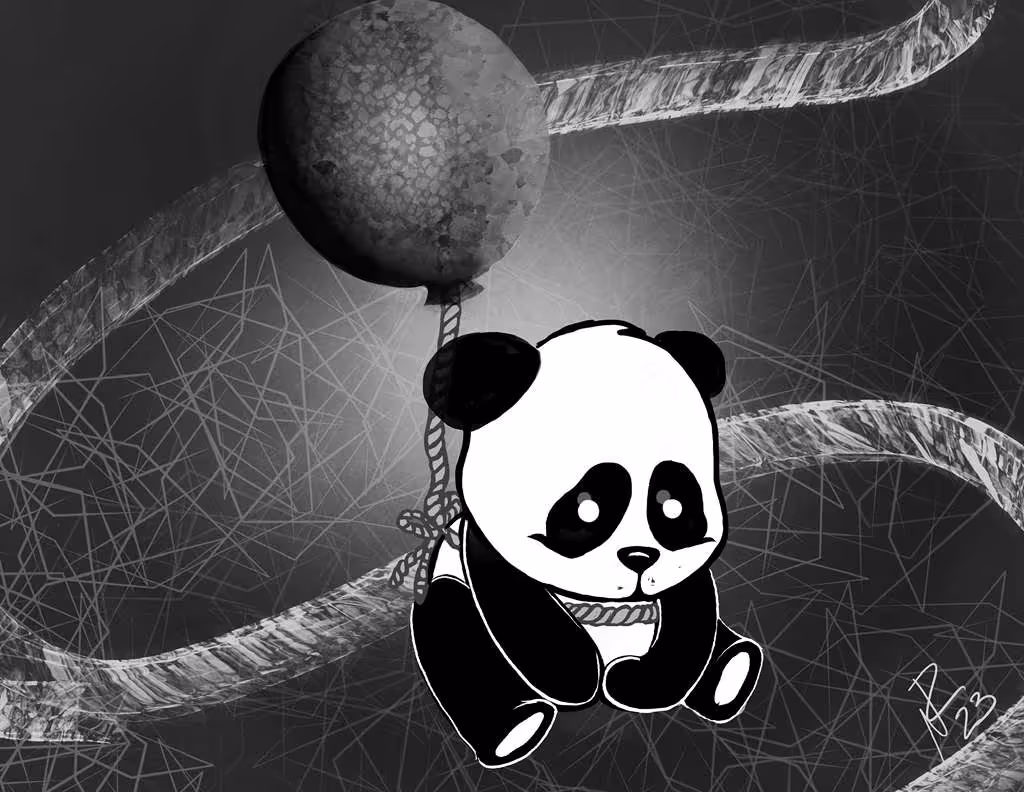 Black and white illustration of a sad cartoon panda holding onto a textured balloon rope against a dark abstract background.