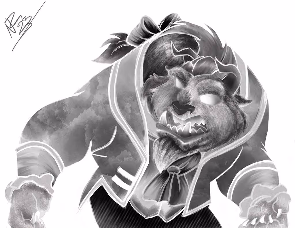Black and white digital illustration of a roaring anthropomorphic beast wearing a detailed coat and cravat.
