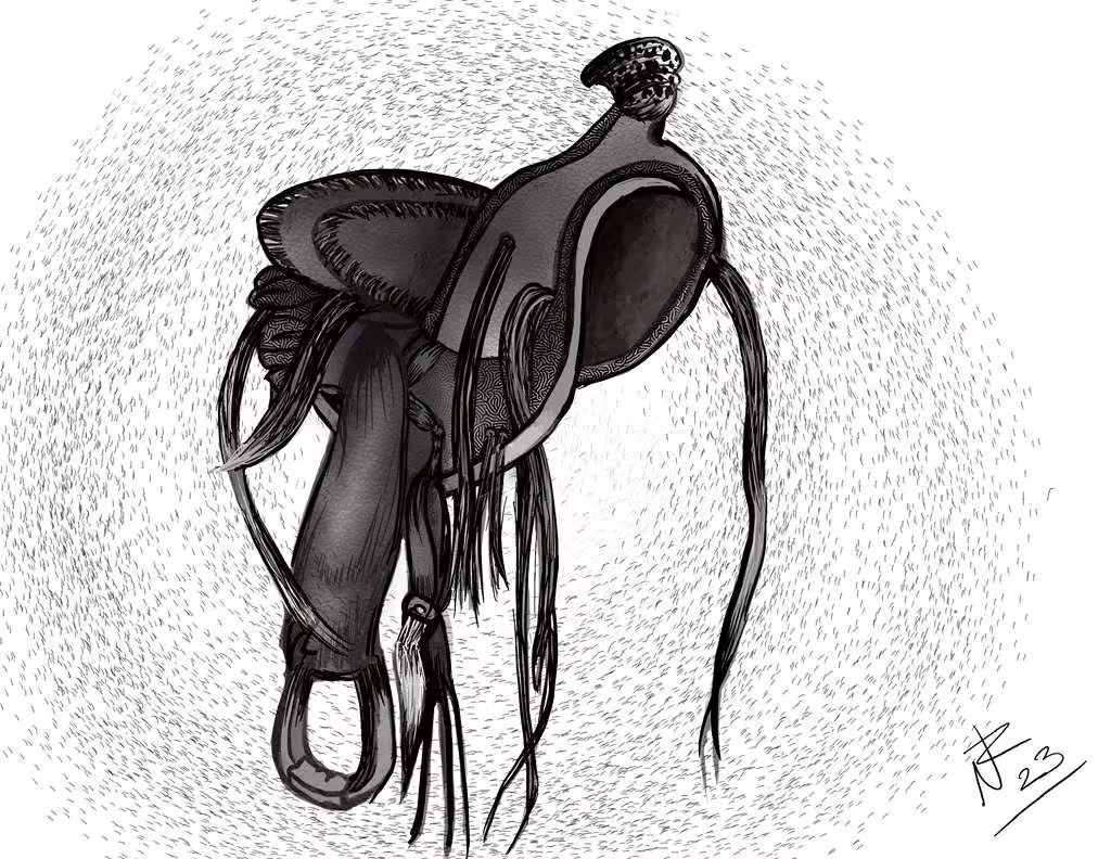 Detailed black and white sketch of a Western-style horse saddle with stirrups and tassels.
