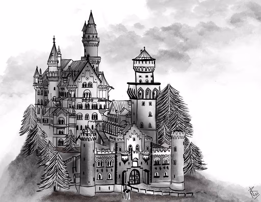 Black and white illustration of a large medieval castle with multiple towers and turrets, surrounded by pine trees and clouds.
