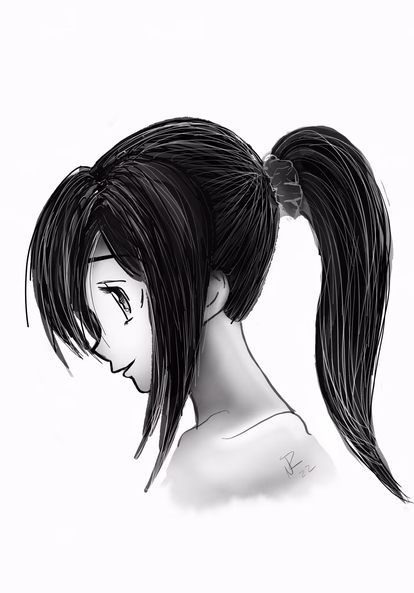 Black and white side profile digital drawing of a young girl with long hair tied in a high ponytail, smiling gently.
