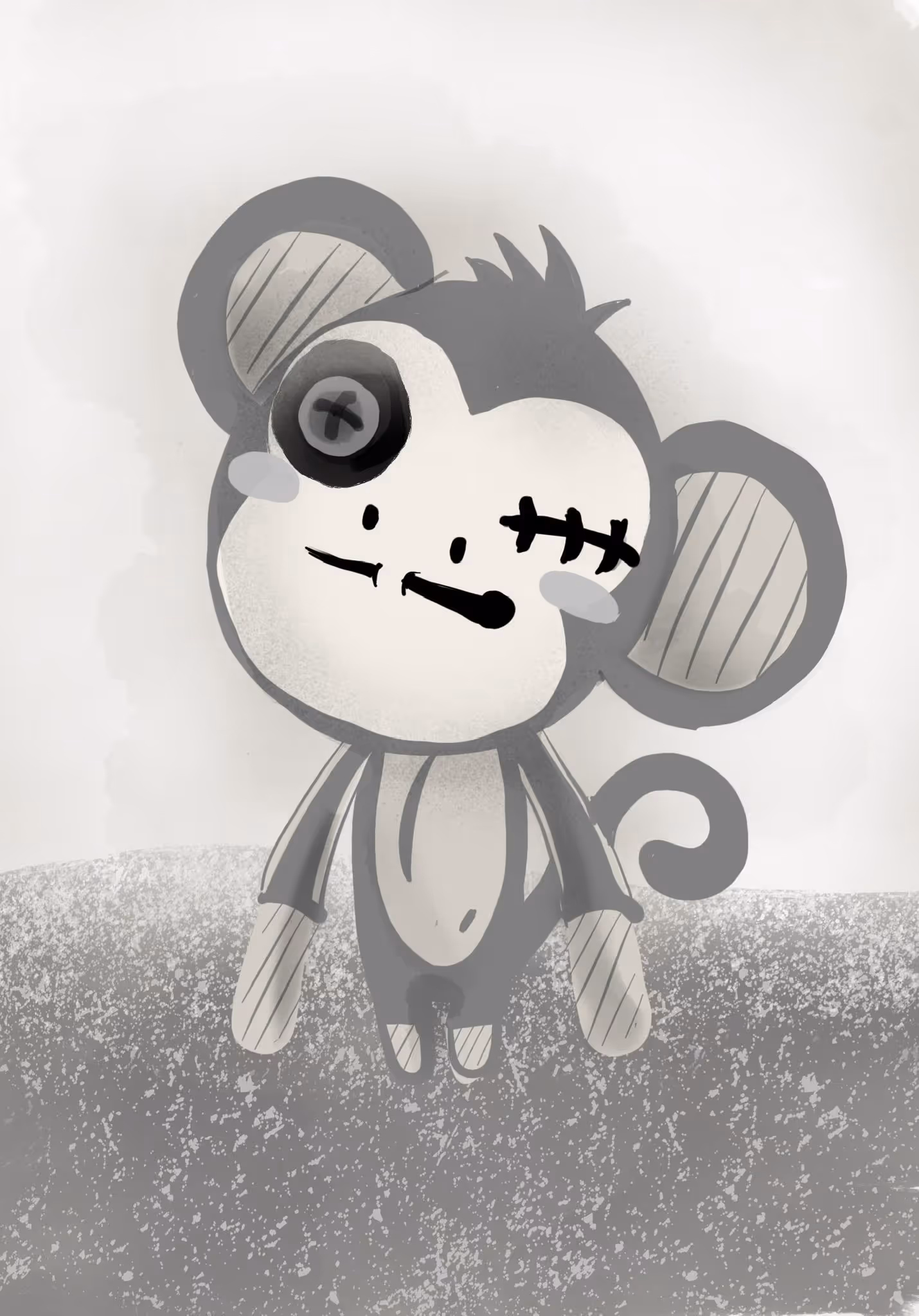 Gray cartoon monkey with a button eye and stitched scar on its head, standing on a textured surface.