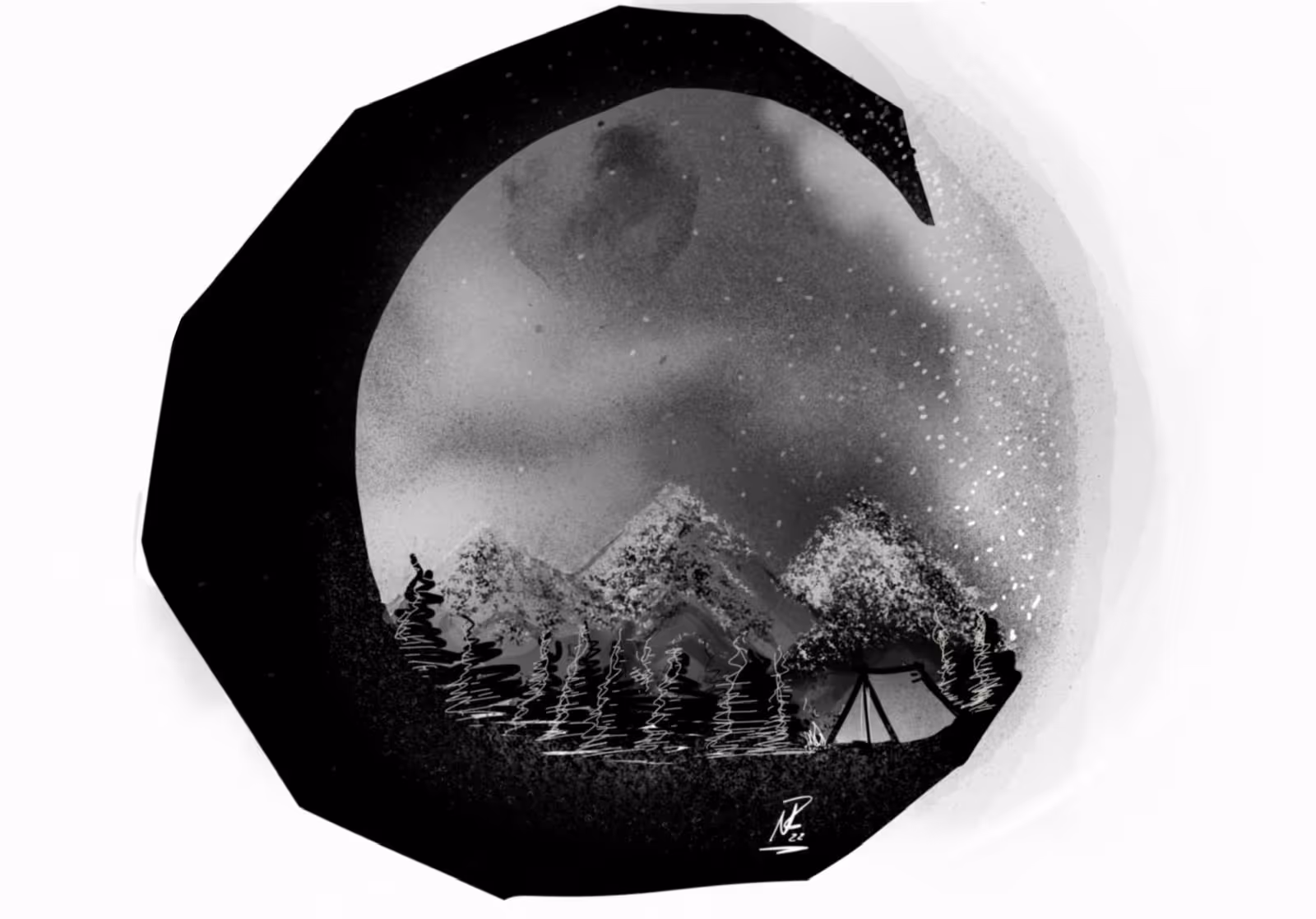 Black and white digital painting of a night mountain landscape with pine trees, a tent, and starry sky enclosed in a circular brushstroke frame.