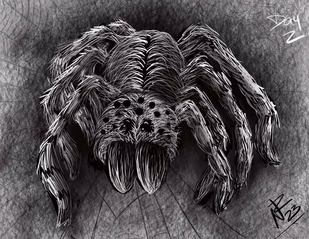 Black and white digital illustration of a hairy spider with eight legs and multiple eyes on a textured dark background.