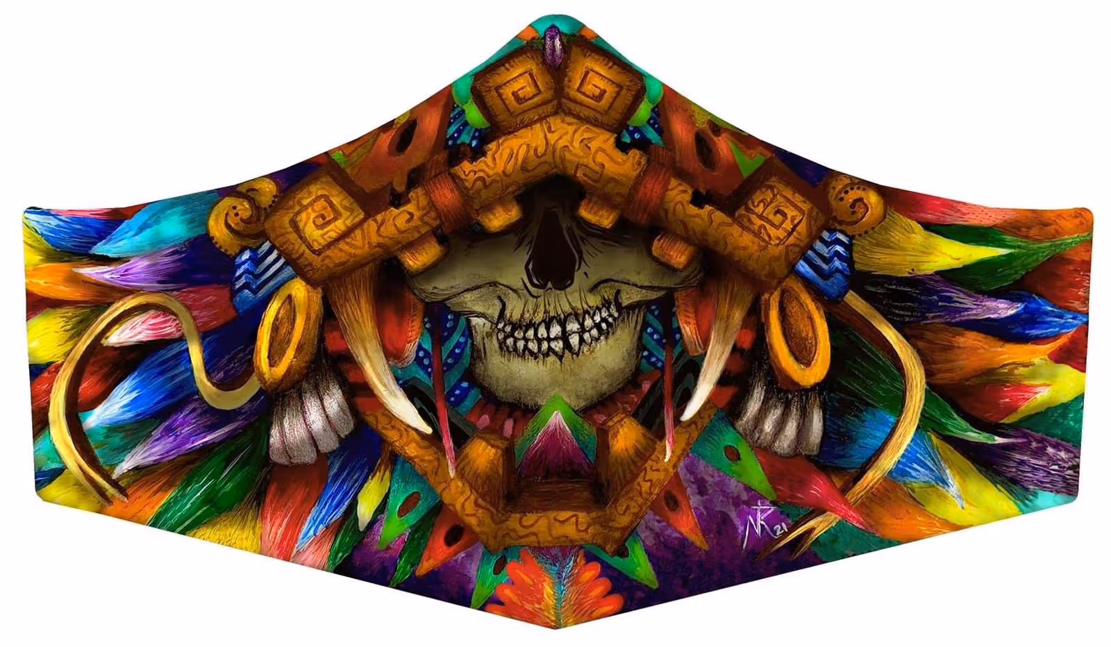 Colorful face mask featuring a detailed skull wearing an Aztec-style headdress with vibrant feathers and ornate patterns.