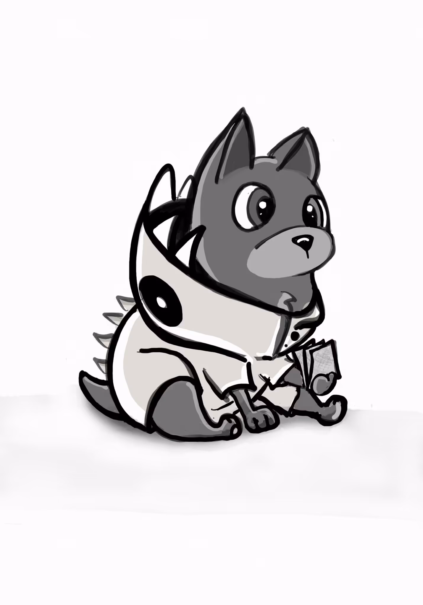 Cartoon gray dog with big eyes wearing a white cape with spikes, sitting and holding cards.