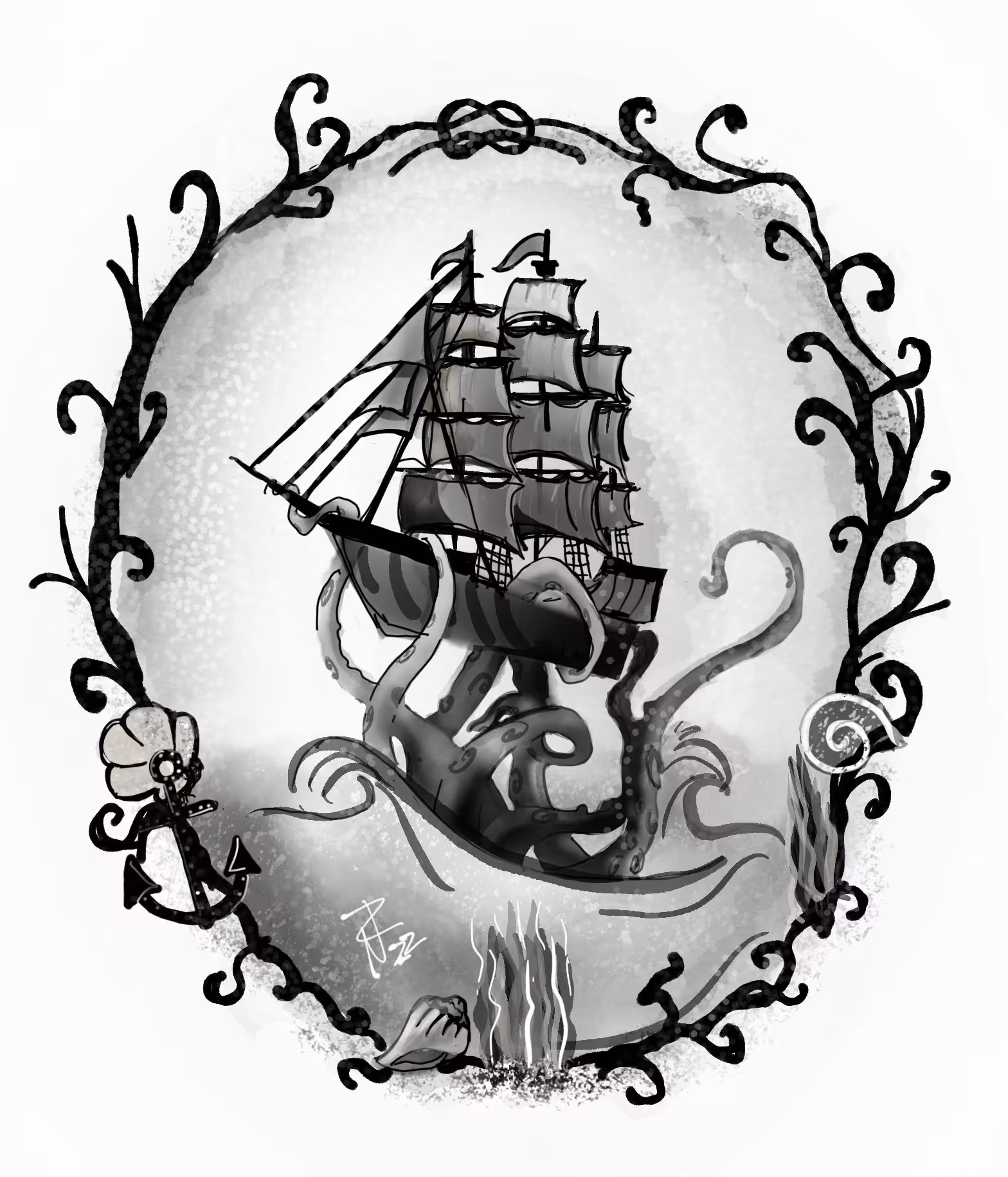 Black and white illustration of a sailing ship entangled by a giant octopus tentacles, framed by ornate swirling seaweed and underwater elements.