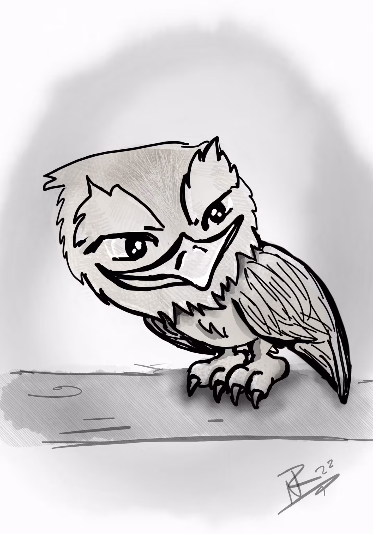 Black and white sketch of a small bird with a mischievous expression perched on a branch.