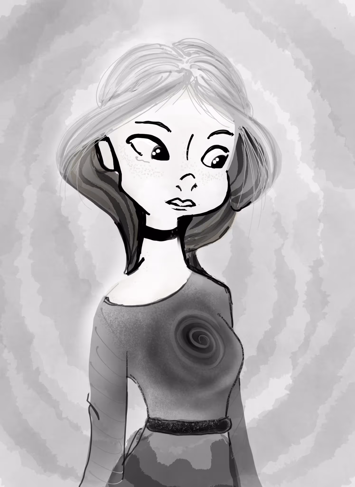 Black and white digital illustration of a young woman with shoulder-length hair looking sideways with a spiral pattern on her chest.