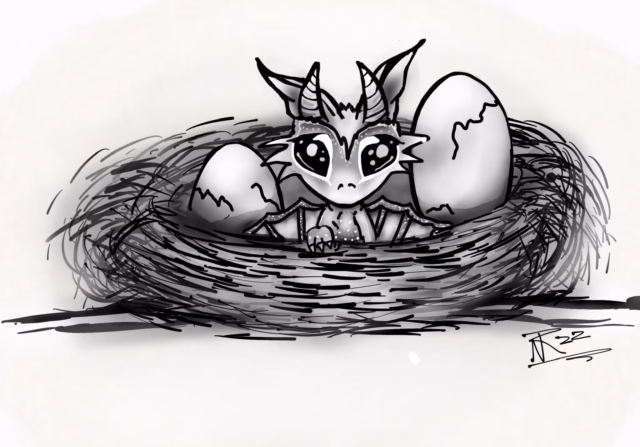 Black and white illustration of a baby dragon with large eyes and small horns sitting in a nest alongside two cracked eggs.