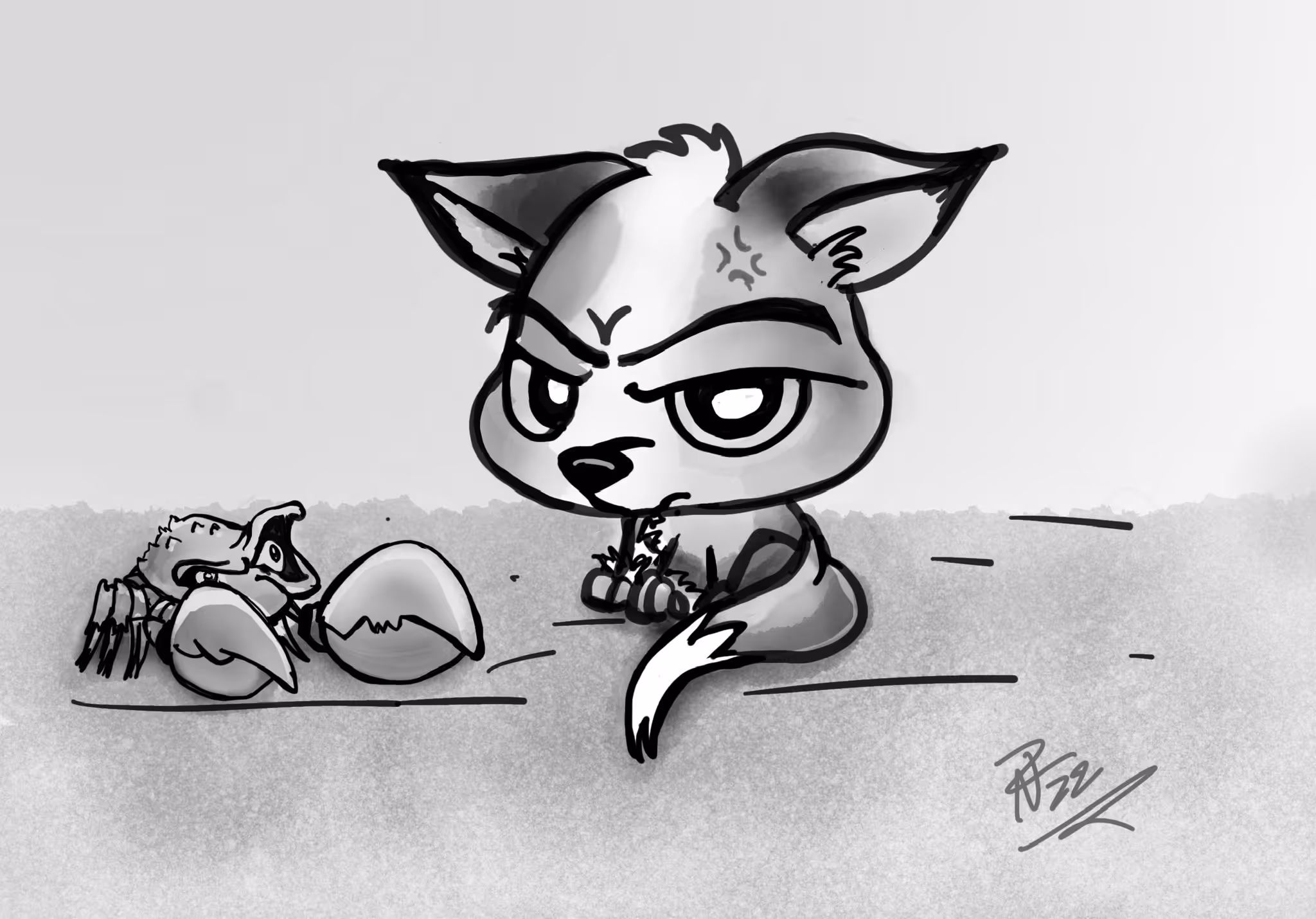 Black and white drawing of an angry cartoon fox sitting on the ground facing a crab with large claws.