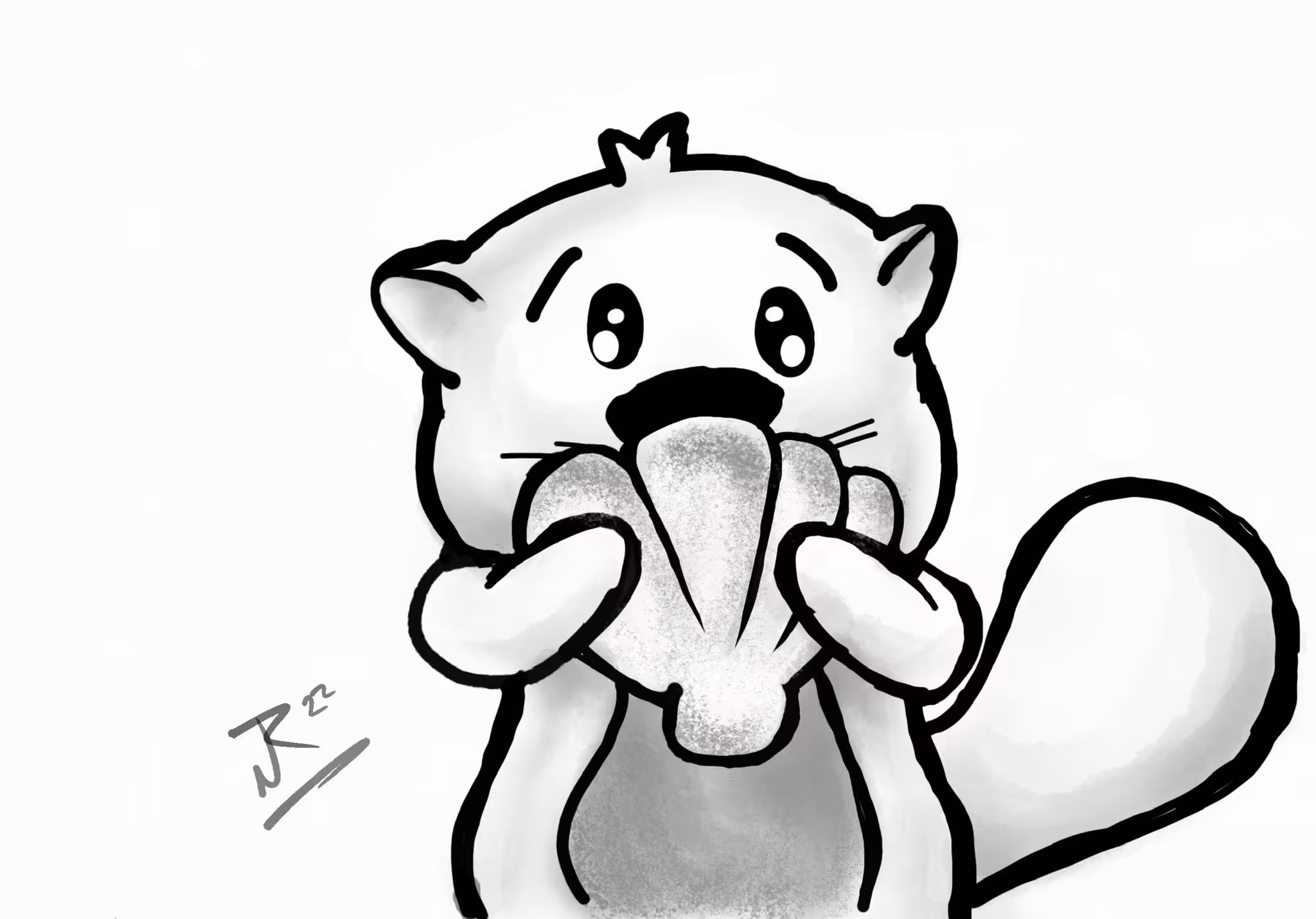 Cartoon otter holding a large clam shell with an excited expression.