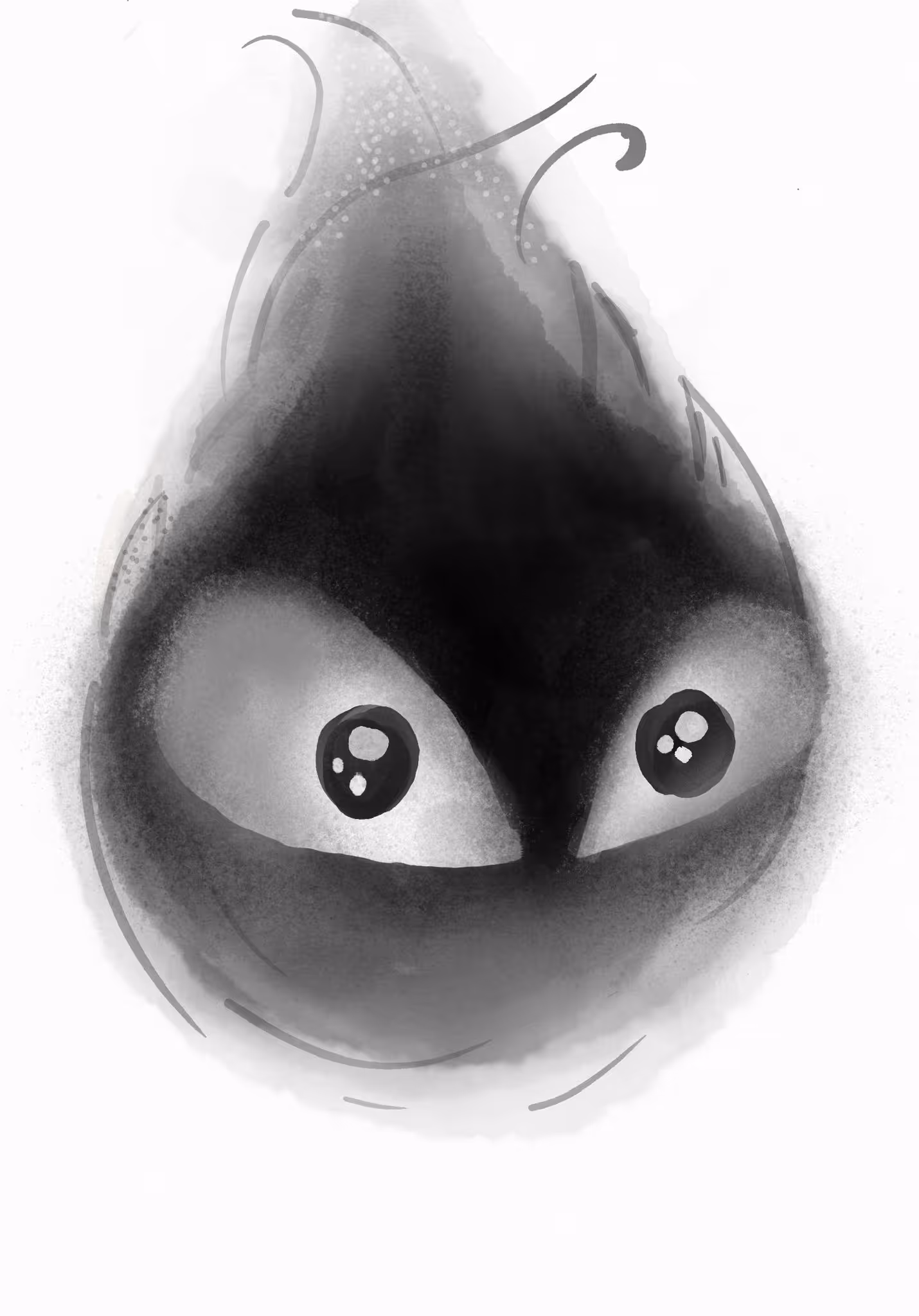 Black watercolor-style drawing flame with large, expressive eyes and soft gray accents on a white background.