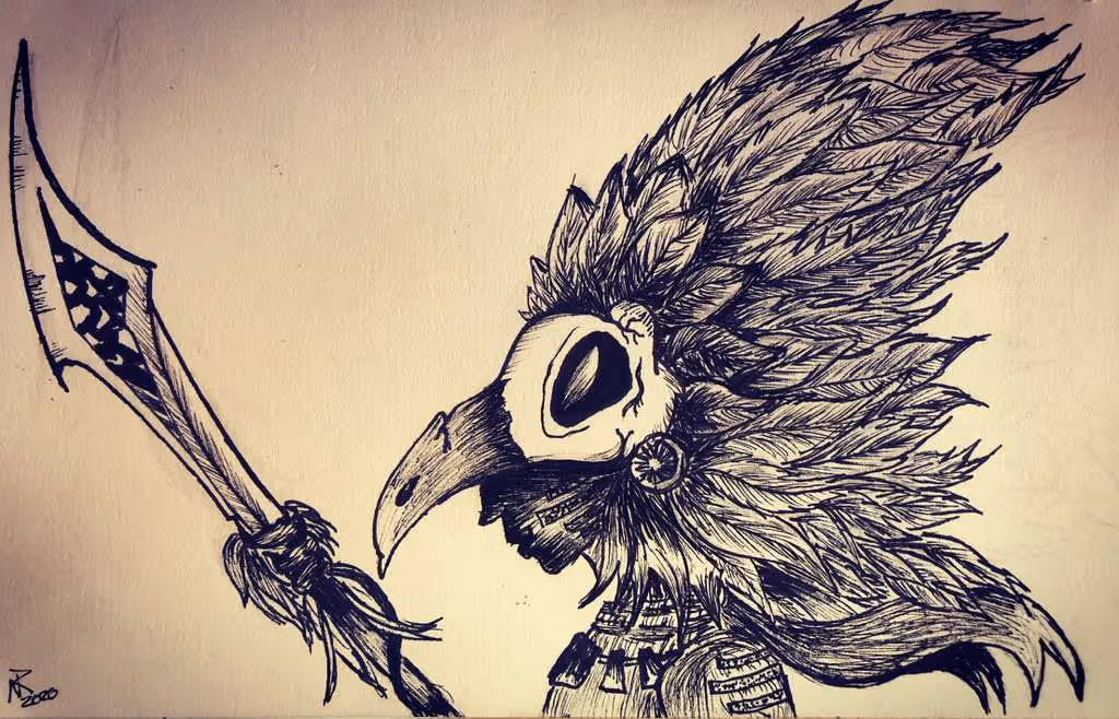 Black ink drawing of a figure wearing a detailed bird skull mask and a feathered headdress holding a decorated dagger.