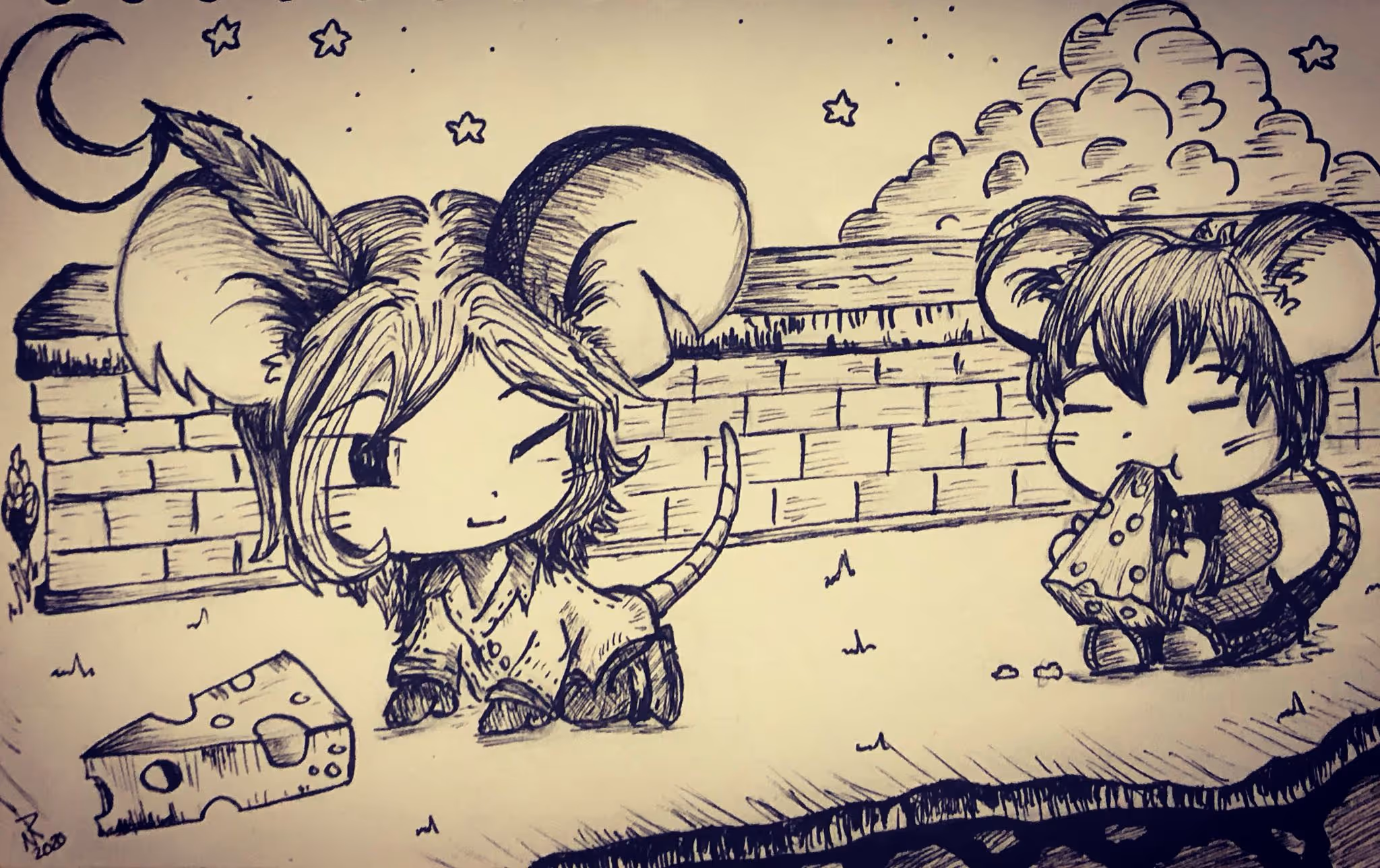 Ink drawing of two cute cartoon mice in a yard at night with stars and a crescent moon; one mouse winks wearing a feather in its hair near a piece of cheese, while the other mouse happily eats a slice of cheese.