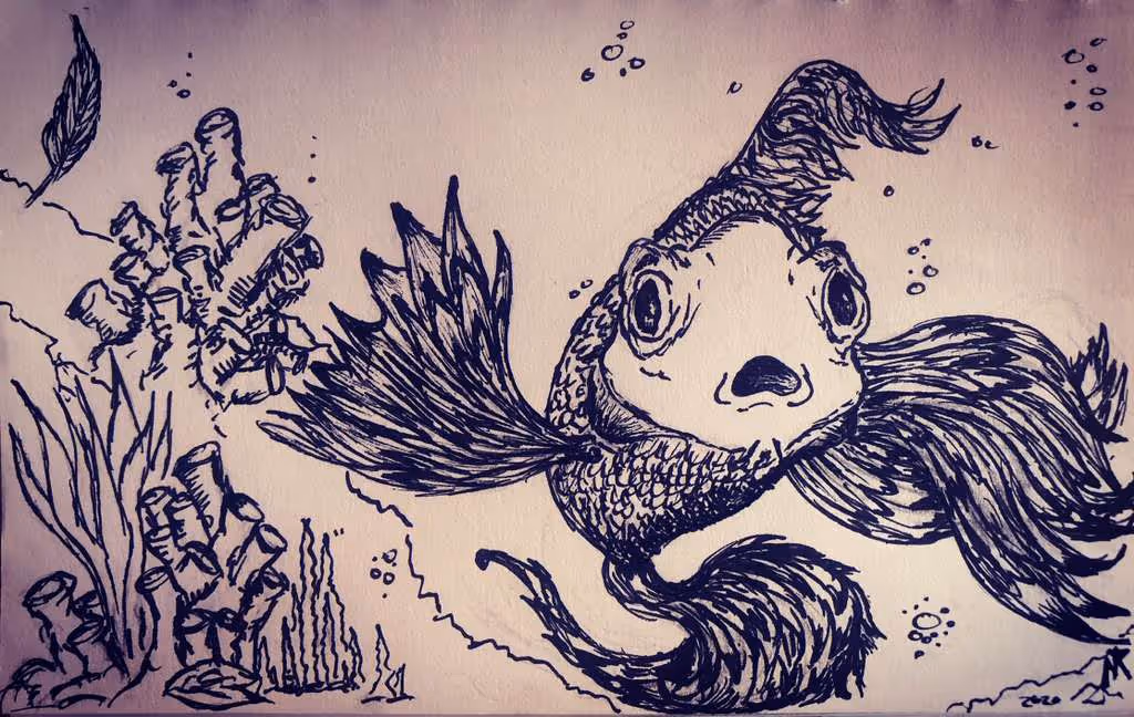 Ink drawing of a fish with large expressive eyes and flowing fins swimming near coral and underwater plants.
