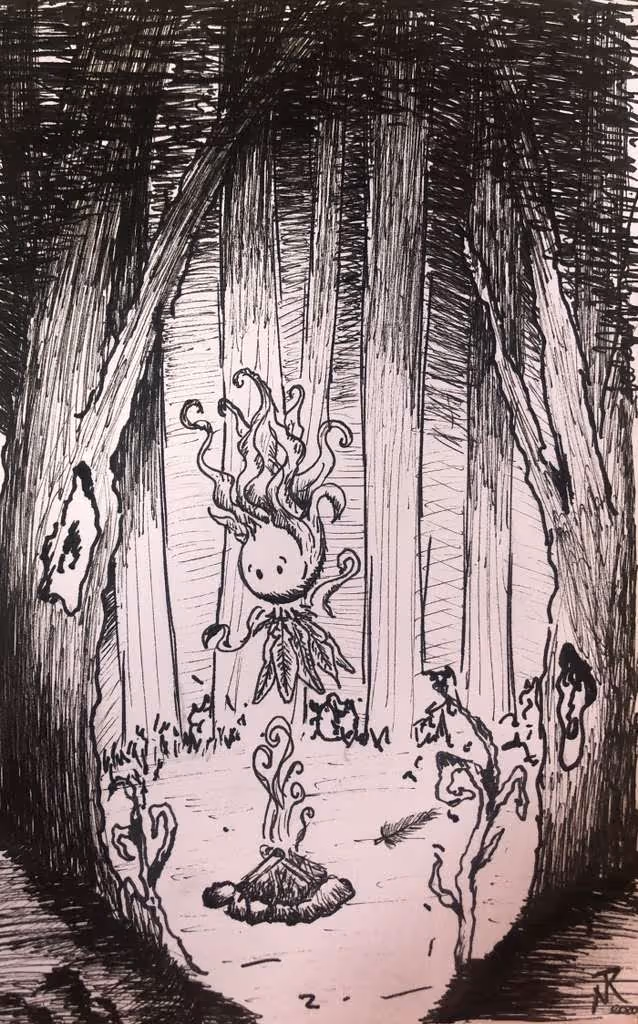 Black ink drawing of a small ghost-like figure with flowing tentacles floating above a campfire in a dark forest surrounded by tall trees.