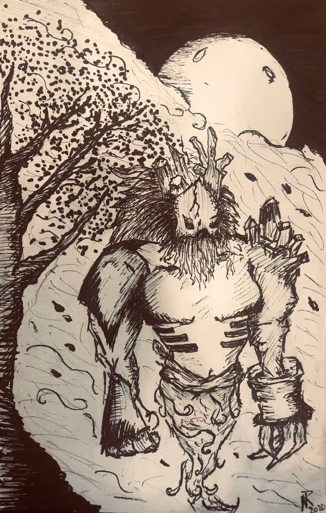 Ink drawing of a muscular humanoid figure with a horned wooden mask, cloven legs, tree-like elements on shoulders, standing in a forest under a full moon.