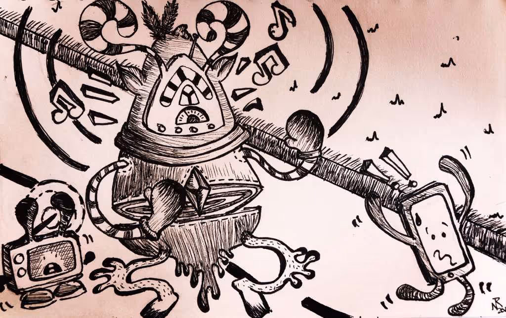 Black ink drawing of an abstract musical robot with candy cane antennas boxing with a distressed smartphone and a small TV with headphones.