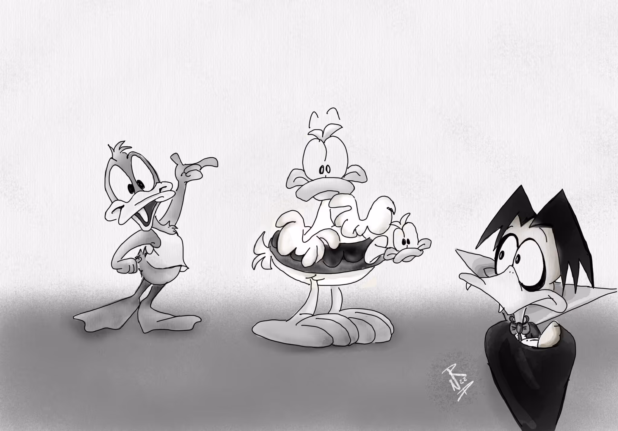 Three black and white cartoon ducks, one with a surprised expression wearing a tuxedo on the right, and two others in the center and left, one showing a cheerful pose.