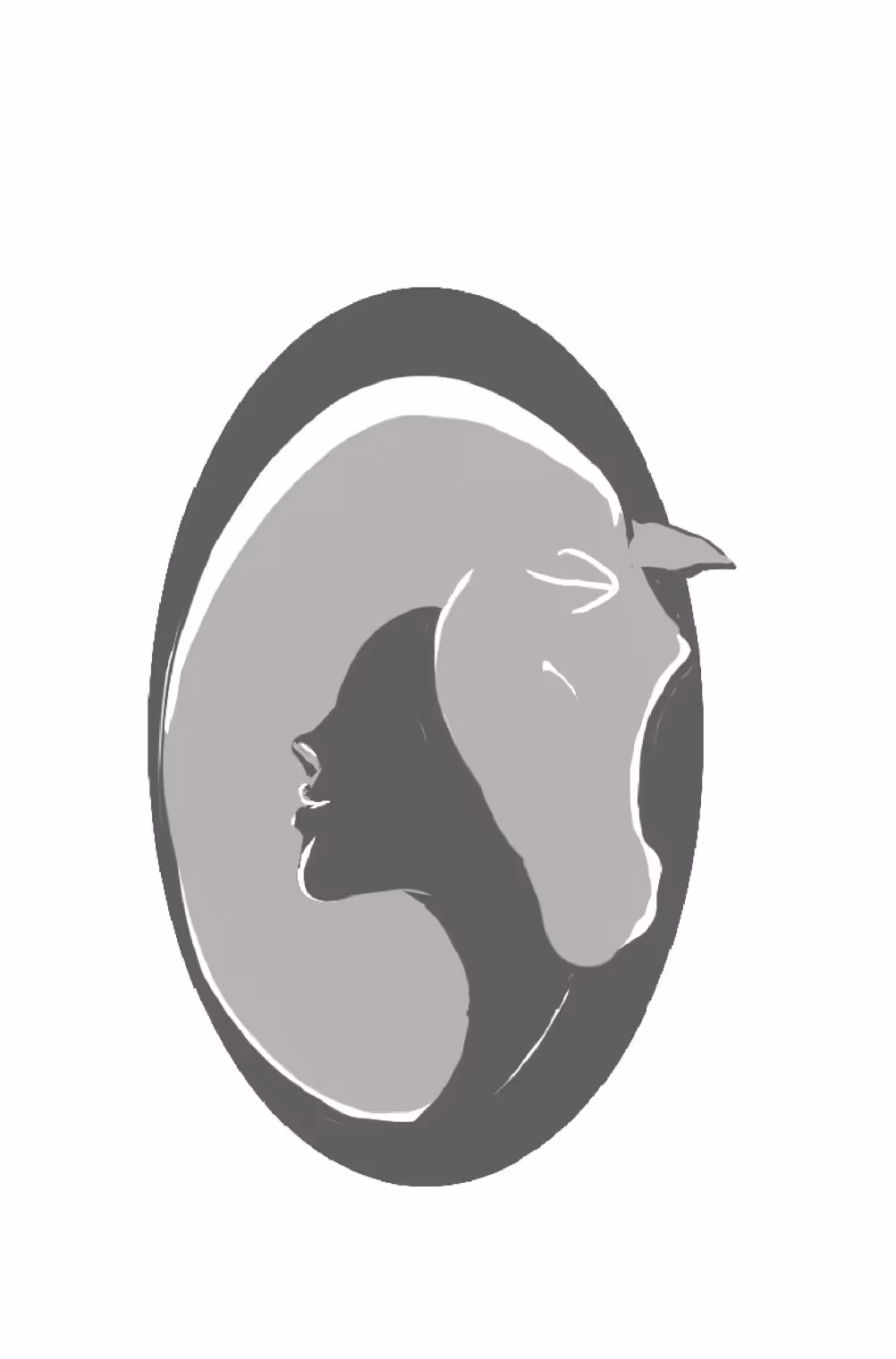 Silhouette of a woman's profile integrated with the outline of a horse's head inside an oval frame.