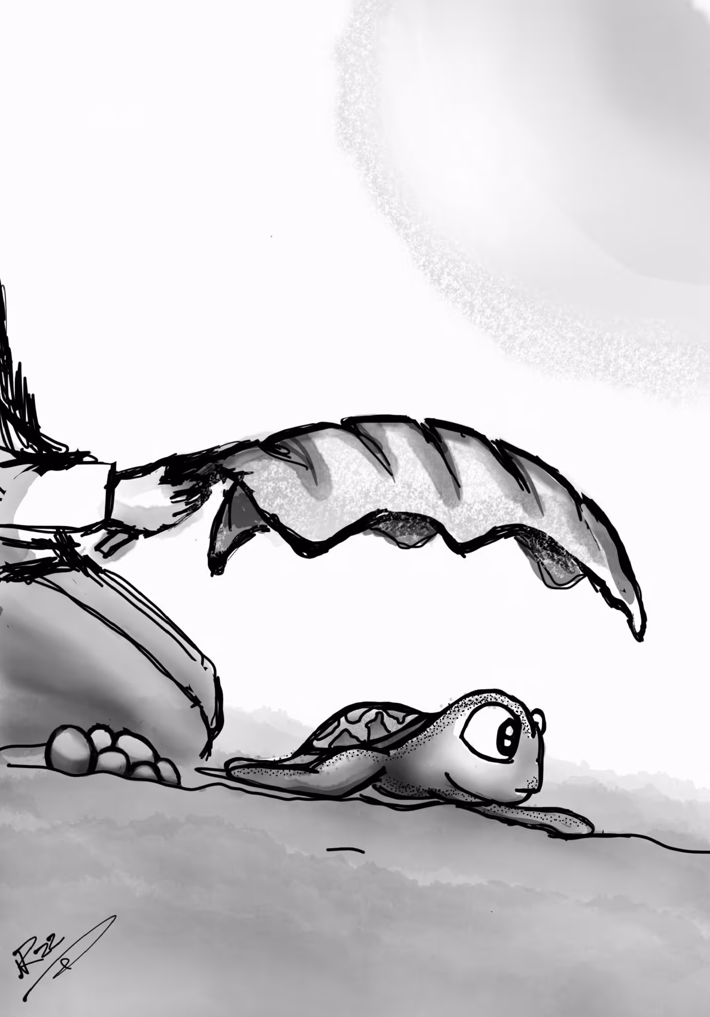 Black and white sketch of a small turtle crawling on the ground under a large leaf held by an unseen figure.