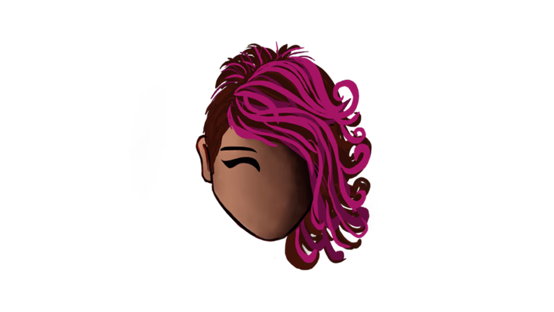 Stylized digital illustration of a face with dark skin, one closed eye with bold eyeliner, and curly magenta and brown hair sweeping to one side.