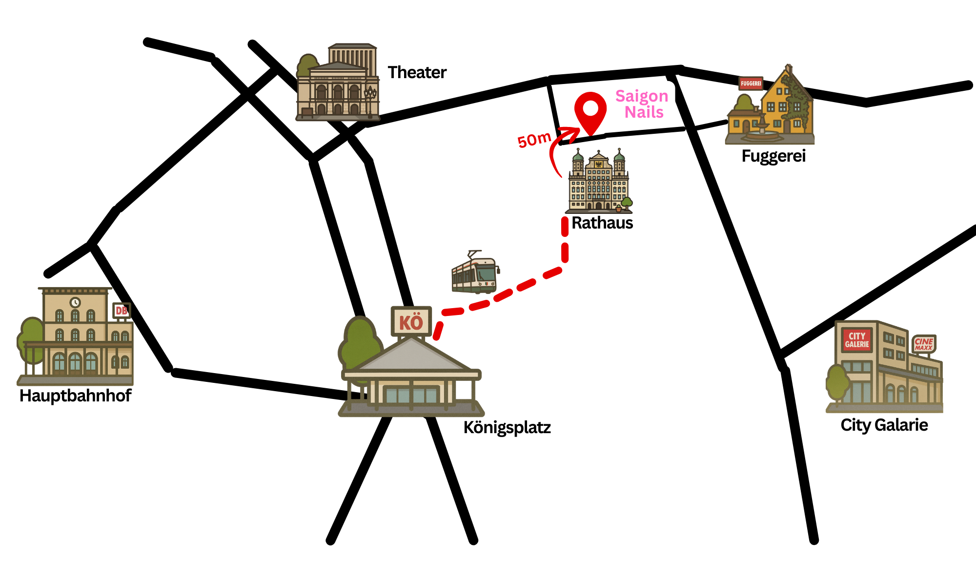 Karte von Augsburg mit bekannten Standorten und dem Nagelstudio Saigon Nails am Rathausplatz in Augsburg 