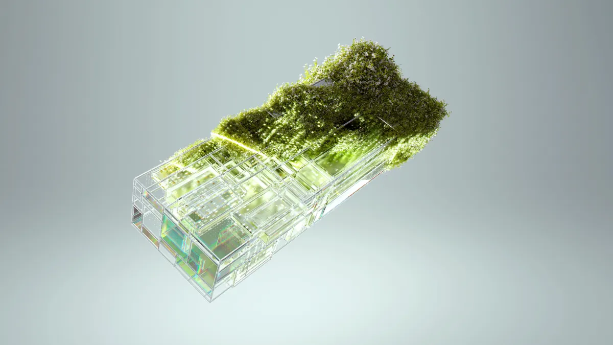3D render of moss-covered geometric shape