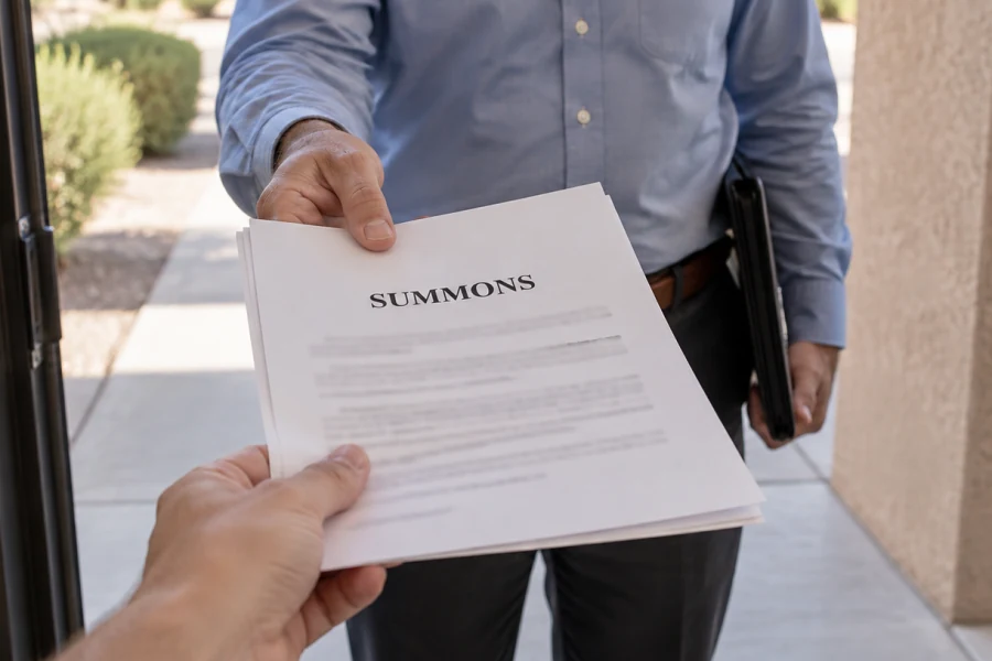 A person handing a packet of papers to someone at a business entrance.