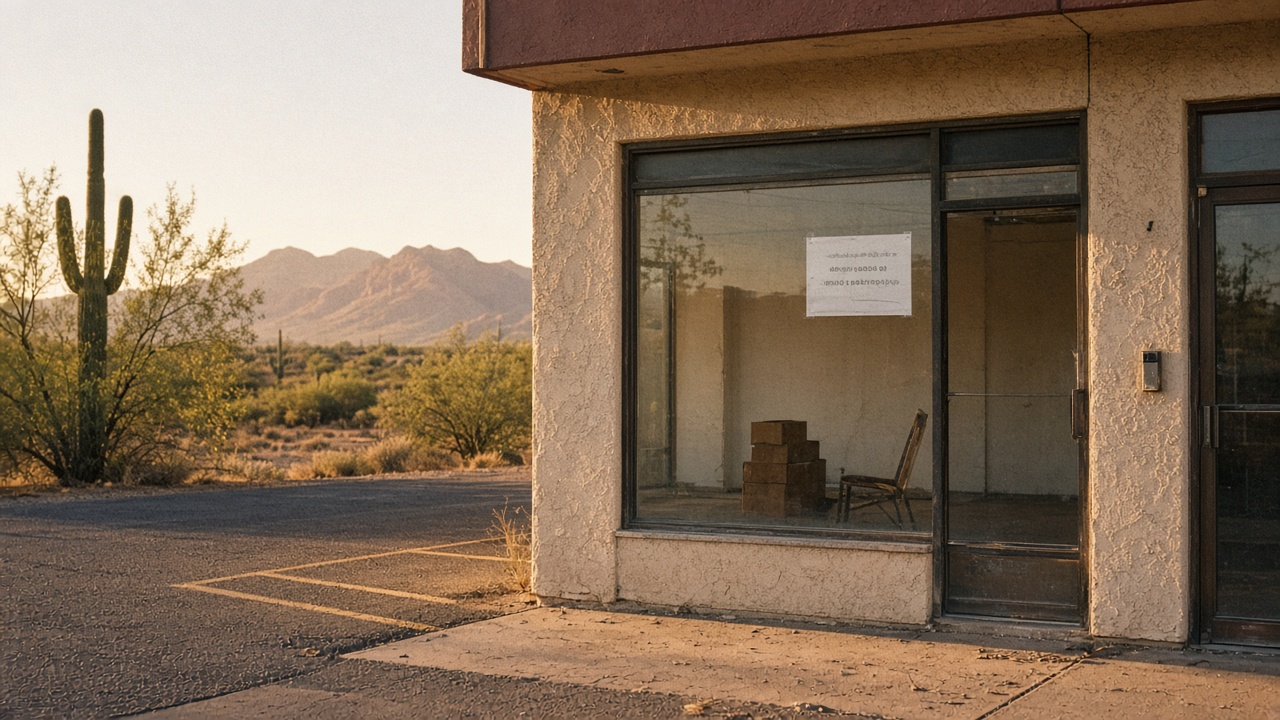 Empty commercial storefront beside a desert landscape with a saguaro and distant mountains.