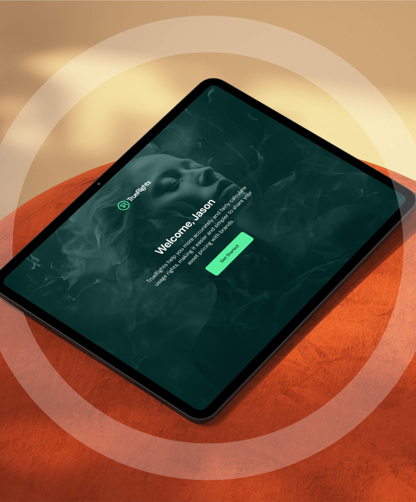 TrueRates, the calculator from TrueRights, on an iPad Pro on an orange stool