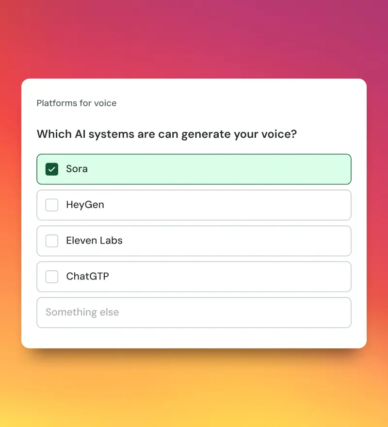 Survey form titled 'Which AI systems are can generate your voice?' with options Sora (checked), HeyGen, Eleven Labs, ChatGTP, and Something else.