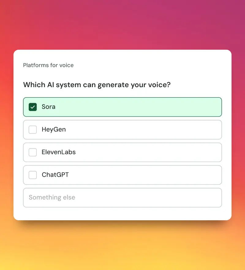 'Which AI system can generate your voice?' with multiple choice options; Sora is selected. Powered by TalentRights