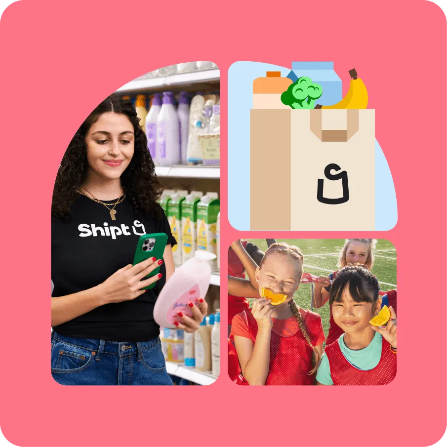 A collage of a Shipt bag with groceries illustration and photo a shopper in the grocery store and children playing sports on the field holding an orange slice