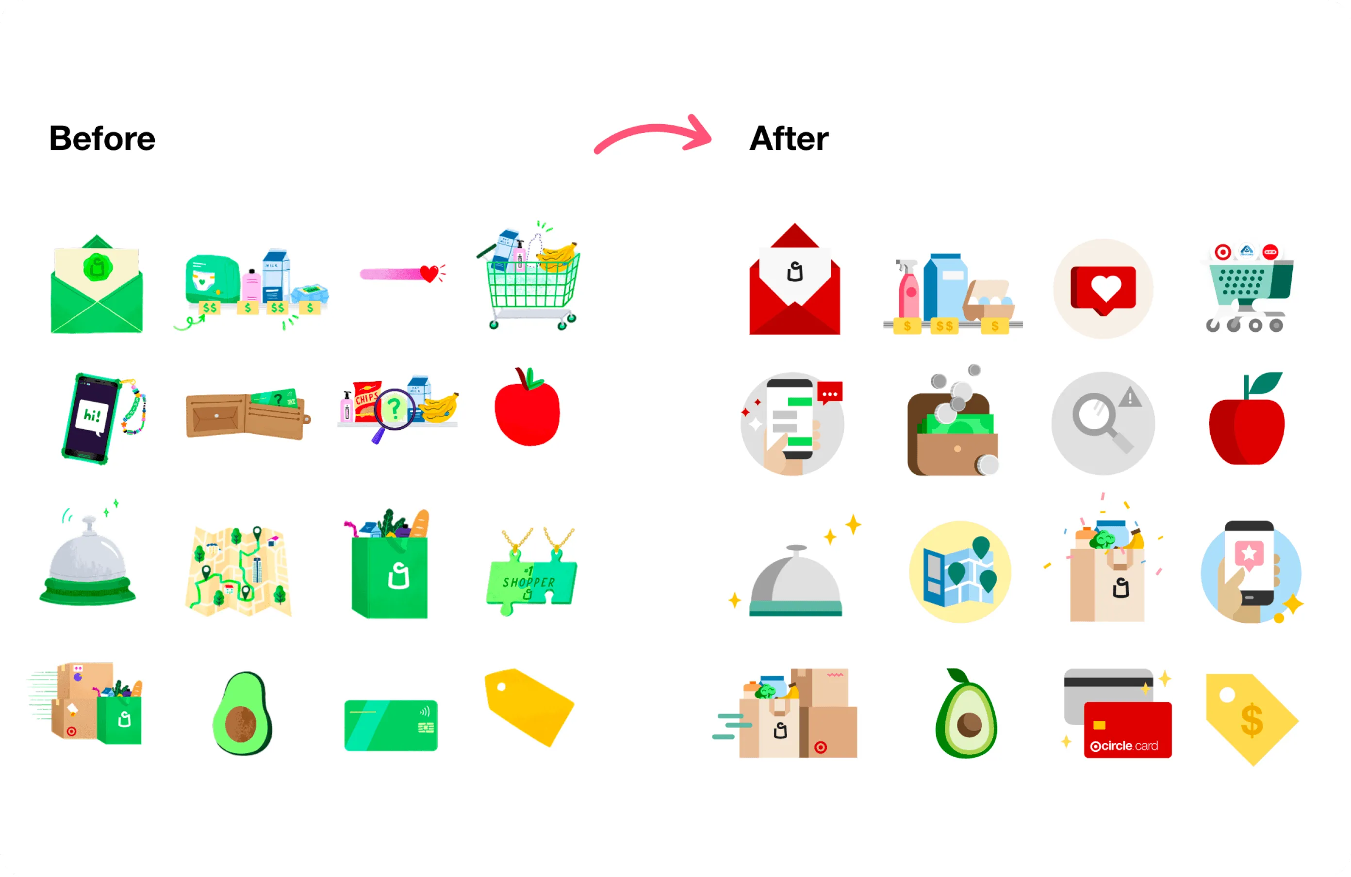 A before and after collage of illustrations that have different styles, from risograph texture to very flat vector illustrations