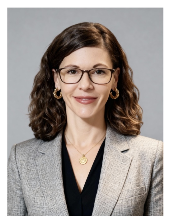 Woman with shoulder-length wavy brown hair wearing glasses, gold hoop earrings, and a gray blazer over a black top.
