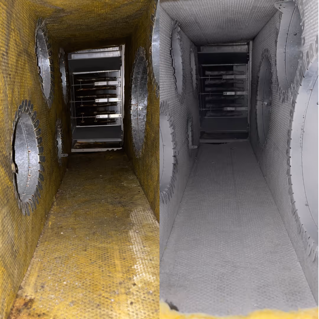 Before and after commercial air duct cleaning showing dirty insulated duct restored to clean condition by Floriduct technicians in Miami.