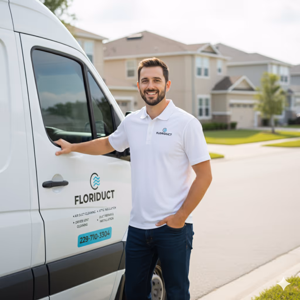 Man in white polo shirt with Floriduct logo standing beside a branded white van in a suburban neighborhood.
