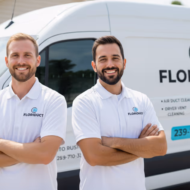 Two smiling men in white Floriduct polo shirts standing with arms crossed in front of a white Floriduct service van.
