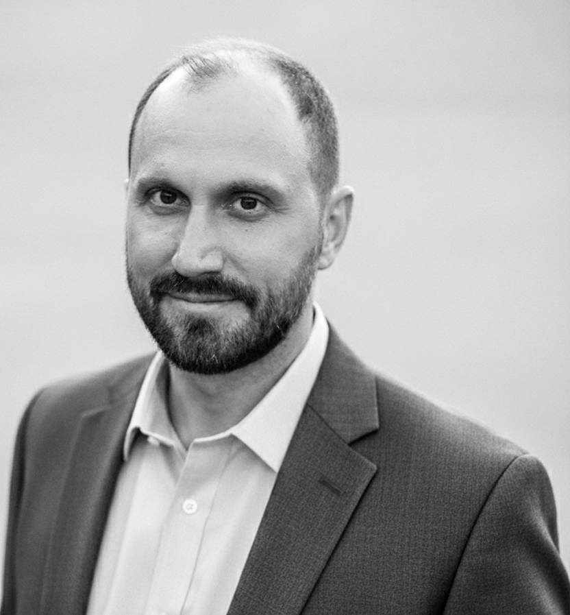 Black and white close-up portrait of Jay Peterson