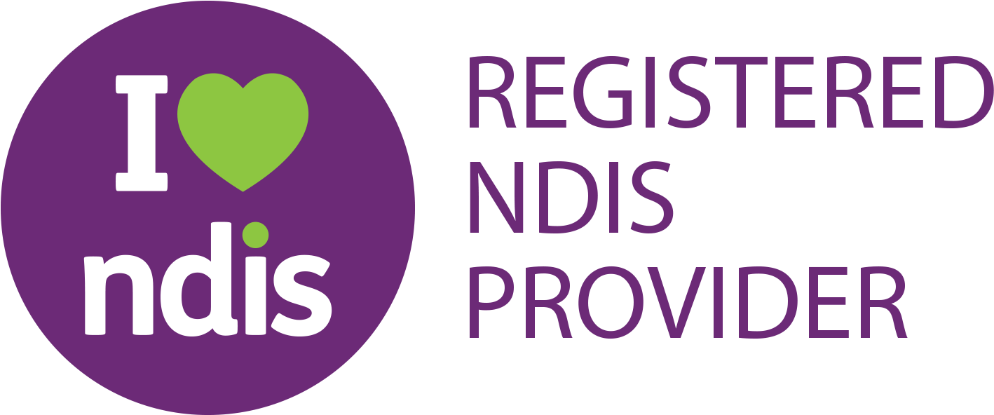 I heart ndis logo in a purple circle next to the text Registered NDIS Provider in purple.
