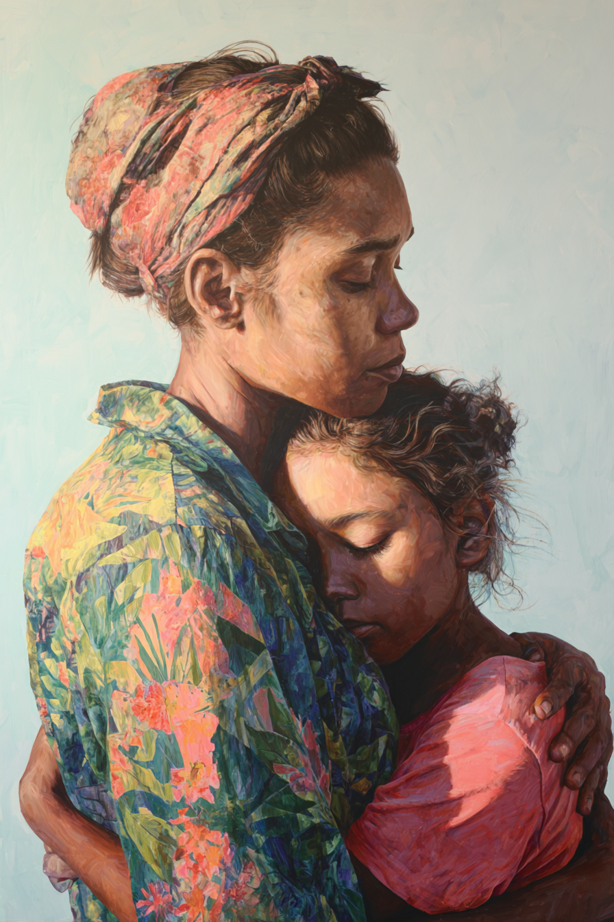 Painting of a woman tenderly embracing a child against a light blue background.