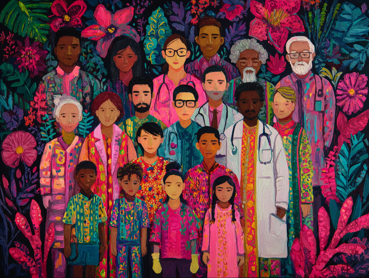 Colorful painting of diverse doctors and children standing together with vibrant floral background.